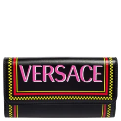 Versace Black Leather Vintage Logo Flap Continental Wallet For Women