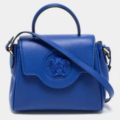 Versace Blue Leather La Medusa Top Handle Bag For Women