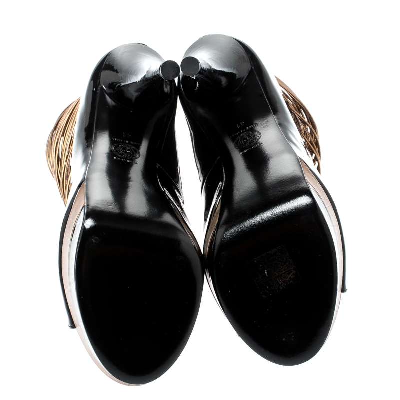 Versace Black/ Metallic Dull Gold Patent Leather Peep Toe Platform Cage Ankle Booties Size 41 For Women 6 Versace Black/ Metallic Dull Gold Patent Leather Peep Toe Platform Cage Ankle Booties Size 41 For Women - Image 6