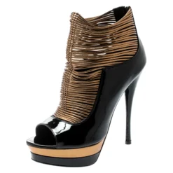 Versace Black/ Metallic Dull Gold Patent Leather Peep Toe Platform Cage Ankle Booties Size 41 For Women