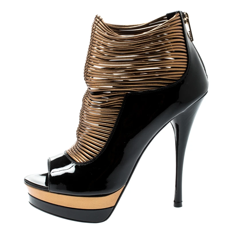 Versace Black/ Metallic Dull Gold Patent Leather Peep Toe Platform Cage Ankle Booties Size 41 For Women 2 Versace Black/ Metallic Dull Gold Patent Leather Peep Toe Platform Cage Ankle Booties Size 41 For Women - Image 2