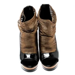 Versace Black/ Metallic Dull Gold Patent Leather Peep Toe Platform Cage Ankle Booties Size 41 For Women 10 Versace Black/ Metallic Dull Gold Patent Leather Peep Toe Platform Cage Ankle Booties Size 41 For Women -Versace Official Website luxury women versace new shoes p195927 006