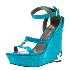 Versace Collection Turquoise Croc Embossed Leather Ankle Strap Wedge Platform Sandals Size 40.5 For Women