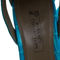 Versace Collection Turquoise Croc Embossed Leather Ankle Strap Wedge Platform Sandals Size 40.5 For Women -Versace Official Website luxury women versace new shoes p208587 005