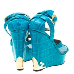 Versace Collection Turquoise Croc Embossed Leather Ankle Strap Wedge Platform Sandals Size 40.5 For Women -Versace Official Website luxury women versace new shoes p208587 006
