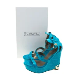 Versace Collection Turquoise Croc Embossed Leather Ankle Strap Wedge Platform Sandals Size 40.5 For Women -Versace Official Website luxury women versace new shoes p208587 009