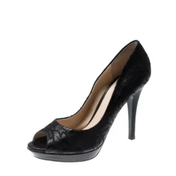 Versace Black Embroidered Leather Peep Toe Platform Pumps Size 40 For Women
