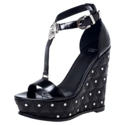 Versace Black Leather T-Strap Quilted Wedge Platform Sandals Size 37.5 For Women