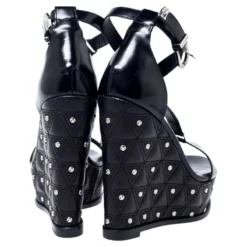 Versace Black Leather T-Strap Quilted Wedge Platform Sandals Size 37.5 For Women -Versace Official Website luxury women versace new shoes p240425 007