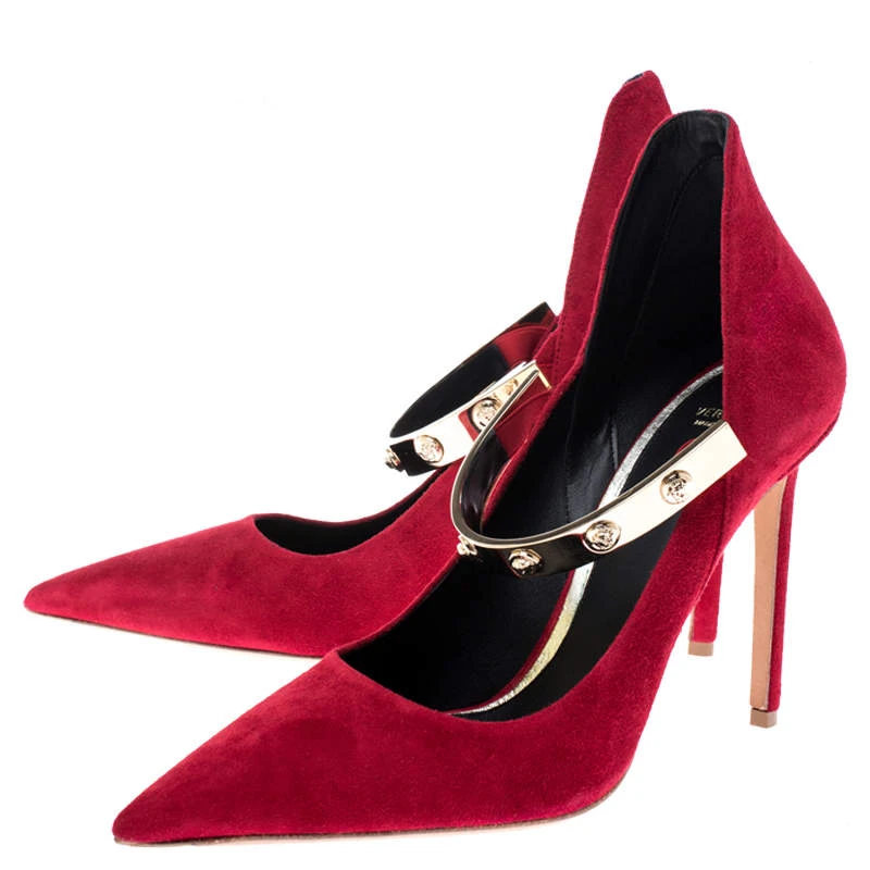 Versace Red Suede Medusa Strap Pointed Toe Pumps Size 40 For Women 4 Versace Red Suede Medusa Strap Pointed Toe Pumps Size 40 For Women - Image 4