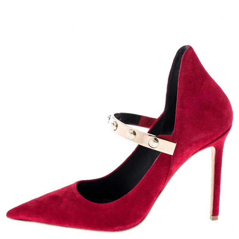 Versace Red Suede Medusa Strap Pointed Toe Pumps Size 40 For Women 2 Versace Red Suede Medusa Strap Pointed Toe Pumps Size 40 For Women - Image 2
