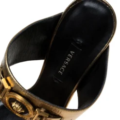 Versace Metallic Gold Leather Icon Medusa Mule Sandals Size 37 For Women -Versace Official Website luxury women versace new shoes p245471 001