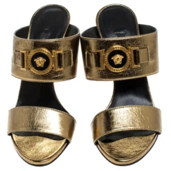 Versace Metallic Gold Leather Icon Medusa Mule Sandals Size 37 For Women -Versace Official Website luxury women versace new shoes p245471 002