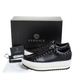 Versace Black Studded Leather Medusa City Platform Sneakers Size 39 For Women -Versace Official Website luxury women versace new shoes p279544 007