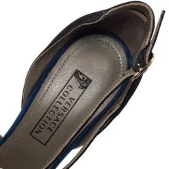 Versace Blue/Black Suede Leather Medusa Strappy Pointed Toe Pumps Size 38 For Women -Versace Official Website luxury women versace new shoes p299411 004