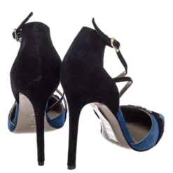 Versace Blue/Black Suede Leather Medusa Strappy Pointed Toe Pumps Size 38 For Women -Versace Official Website luxury women versace new shoes p299411 006