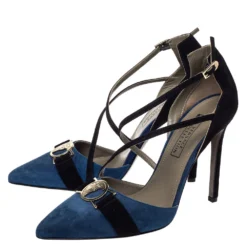 Versace Blue/Black Suede Leather Medusa Strappy Pointed Toe Pumps Size 38 For Women -Versace Official Website luxury women versace new shoes p299411 008