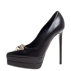 Versace Black Leather Medusa Platform Pointed Toe Pumps Size 38 For Women