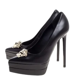 Versace Black Leather Medusa Platform Pointed Toe Pumps Size 38 For Women -Versace Official Website luxury women versace new shoes p328336 007