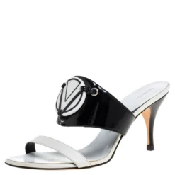 Versace White/Black Patent Leather And Leather Slide Sandals Size 38 For Women