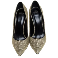 Versace Gold Glitter Fabric Medusa Pointed Toe Pumps Size 40 For Women -Versace Official Website luxury women versace new shoes p393108 003