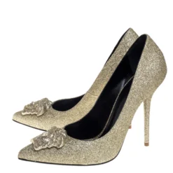 Versace Gold Glitter Fabric Medusa Pointed Toe Pumps Size 40 For Women -Versace Official Website luxury women versace new shoes p393108 007
