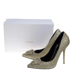 Versace Gold Glitter Fabric Medusa Pointed Toe Pumps Size 40 For Women -Versace Official Website luxury women versace new shoes p393108 008