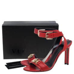 Versace Red Leather Medusa Embellished Ankle Strap Sandals Size 38 For Women -Versace Official Website luxury women versace new shoes p393981 002