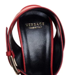 Versace Red Leather Medusa Embellished Ankle Strap Sandals Size 38 For Women -Versace Official Website luxury women versace new shoes p393981 007
