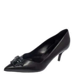 Versace Black Leather Medusa Pointed Toe Pumps Size 37 For Women