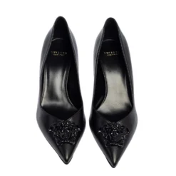 Versace Black Leather Medusa Pointed Toe Pumps Size 37 For Women -Versace Official Website luxury women versace new shoes p447093 004