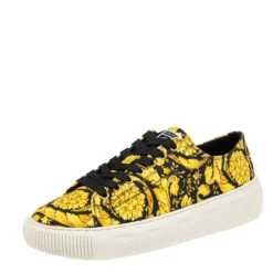 Versace Yellow/Black Canvas Greca Barocco Low Top Sneakers Size 41.5 For Men