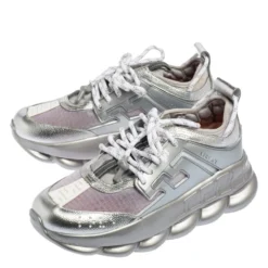 Versace Metallic Grey Mesh, Patent And Leather Chain Reaction Sneakers Size 41 For Men -Versace Official Website luxury women versace new shoes p531135 003