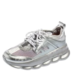 Versace Metallic Grey Mesh, Patent And Leather Chain Reaction Sneakers Size 41 For Men