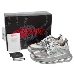 Versace Metallic Grey Mesh, Patent And Leather Chain Reaction Sneakers Size 41 For Men -Versace Official Website luxury women versace new shoes p531135 008