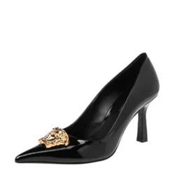 Versace Black Patent Leather Medusa Decollete Pointed Toe Pumps Size 37.5 For Women