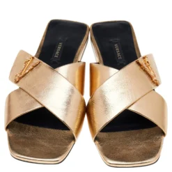 Versace Gold Leather Crisscross Slide Sandals Size 38 For Women -Versace Official Website luxury women versace new shoes p558571 004