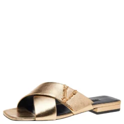 Versace Gold Leather Crisscross Slide Sandals Size 38 For Women