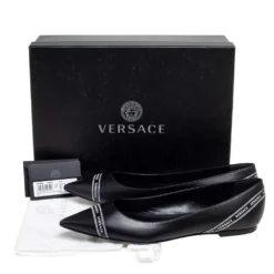 Versace Black Leather Logo Tape Detail Pointed-Toe Ballet Flats Size 41 For Women -Versace Official Website luxury women versace new shoes p592511 001