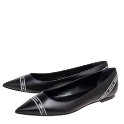 Versace Black Leather Logo Tape Detail Pointed-Toe Ballet Flats Size 41 For Women -Versace Official Website luxury women versace new shoes p592511 002