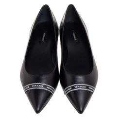 Versace Black Leather Logo Tape Detail Pointed-Toe Ballet Flats Size 41 For Women -Versace Official Website luxury women versace new shoes p592511 006