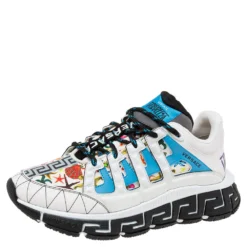 Versace White Leather And Canvas Tresor De La Mer Trigreca Lace Up Sneakers Size 39 For Women
