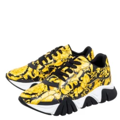 Versace Yellow Leather Squalo Barocco Print Lace Up Sneakers Size 44 For Men -Versace Official Website luxury women versace new shoes p603331 002