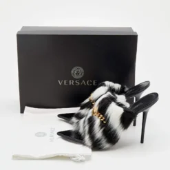 Versace Black/White Faux Fur Medusa Chain Slide Sandals Size 39.5 For Women -Versace Official Website luxury women versace new shoes p668491 001