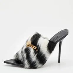 Versace Black/White Faux Fur Medusa Chain Slide Sandals Size 39.5 For Women