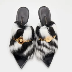 Versace Black/White Faux Fur Medusa Chain Slide Sandals Size 39.5 For Women -Versace Official Website luxury women versace new shoes p668491 004