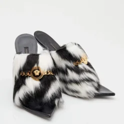 Versace Black/White Faux Fur Medusa Chain Slide Sandals Size 39.5 For Women -Versace Official Website luxury women versace new shoes p668491 005