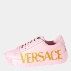 Versace Pink Leather Greca Logo Low Top Sneaker EU 38 For Women
