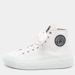 Versace White Canvas Greca Medusa Logo Patch High Top Sneakers Size 39 For Women