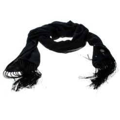 Versace Black Crystal Embellished Silk Georgette Tasseled Edge Scarf For Women